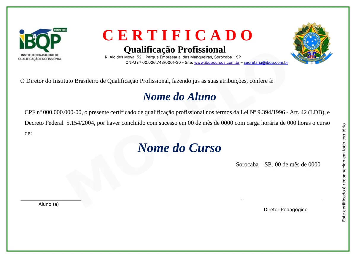 Modelo do certificado do IBQP, frente